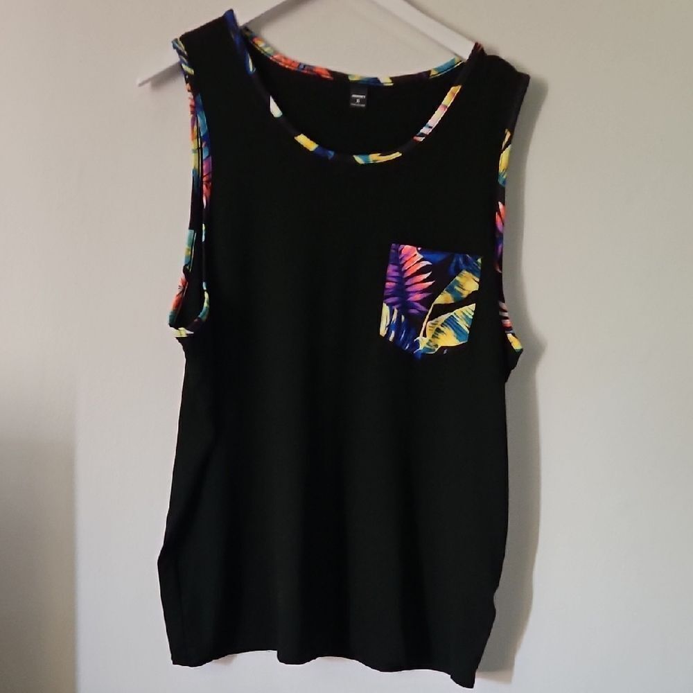 Vibrant Black Tank Top with Tropical Accents